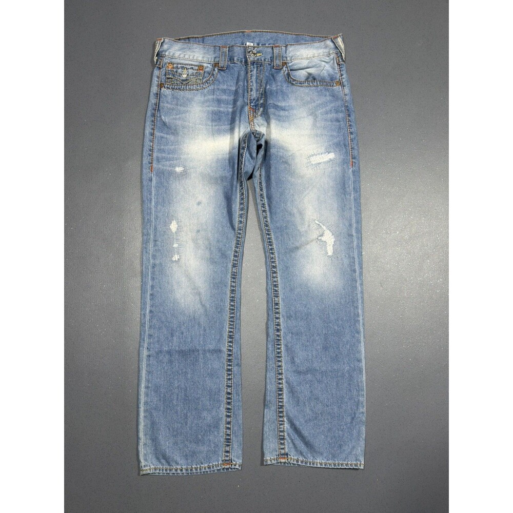 True Religion Straight Big T Jeans Mens 38 Blue Distressed Flap Pocket Denim